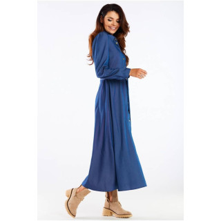 Modra maksi obleka z gumbi in pasom za ženske