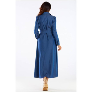 Modra maksi obleka z gumbi in pasom za ženske
