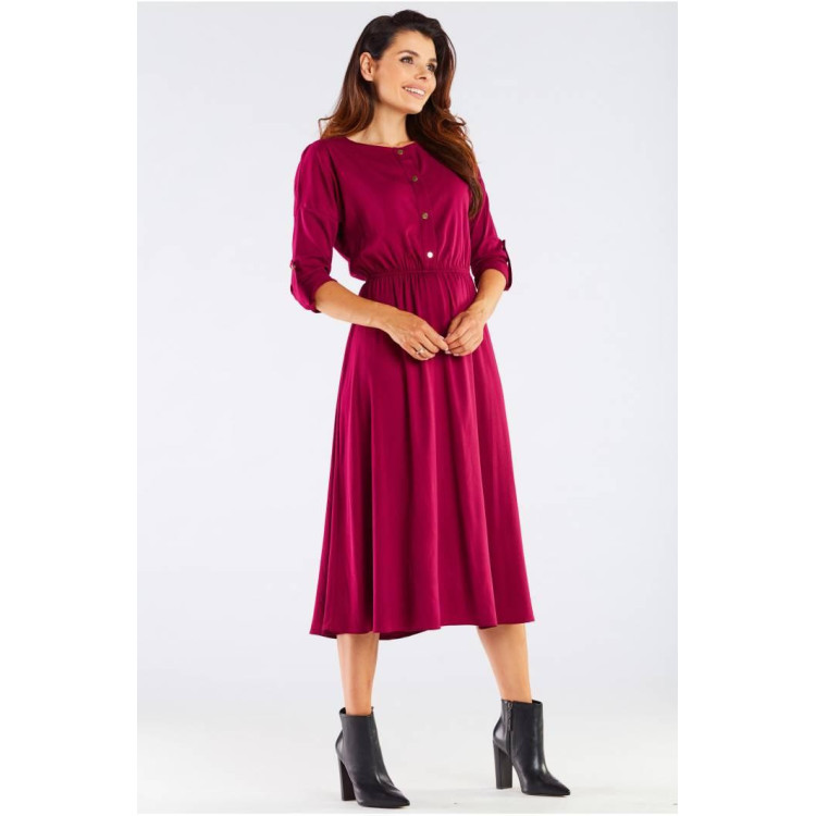 Bordo ženska midi obleka z zlatimi gumbi