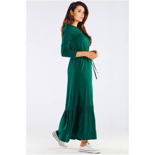 Dolga zelena ženska obleka z volančki in vezalkami