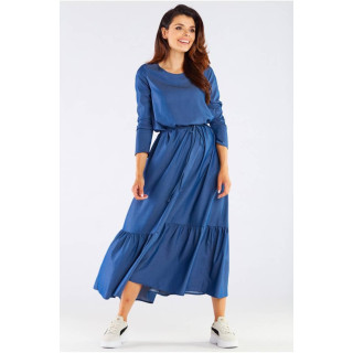 Ženska dolga obleka z volančki in vezalkami v modri barvi