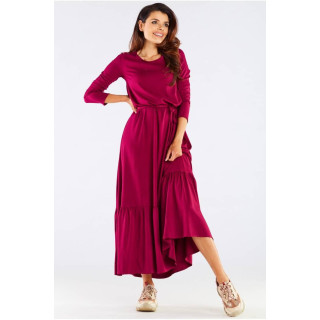 Bordo dolga obleka z volančki in vezalkami za ženske