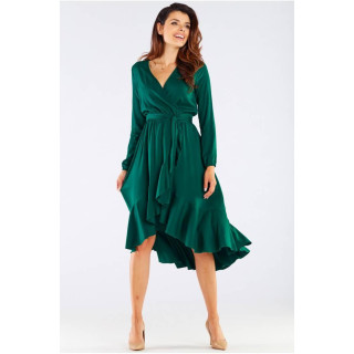 Ženska elegantna obleka z zavezovanjem v pasu v zeleni barvi