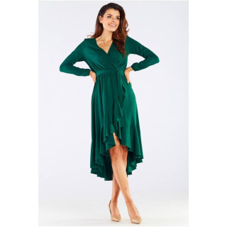 Ženska elegantna obleka z zavezovanjem v pasu v zeleni barvi