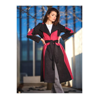 Dolg ženski semiš plašč bordo-črne barve s pasom