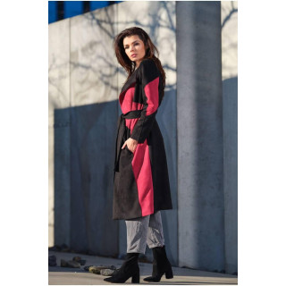 Dolg ženski semiš plašč bordo-črne barve s pasom