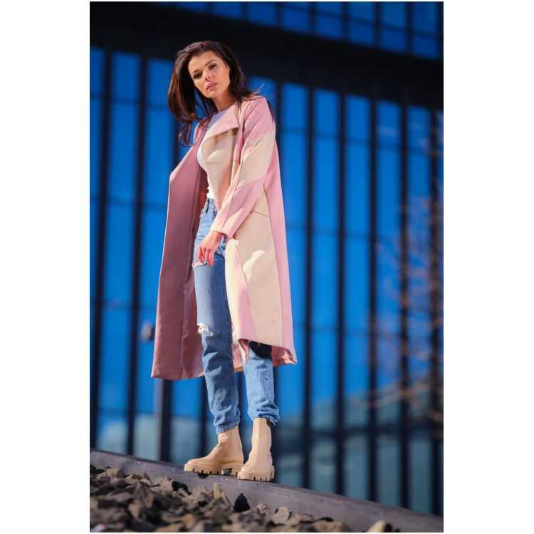 Ženski dolgi semiš plašč s pasom v roza-bež barvi
