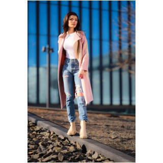 Ženski dolgi semiš plašč s pasom v roza-bež barvi