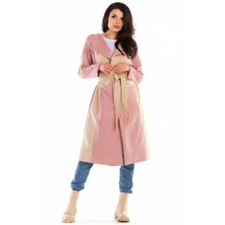 Ženski dolgi semiš plašč s pasom v roza-bež barvi