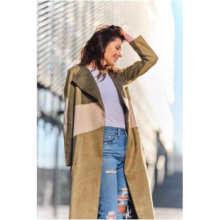 Kaki dolg ženski plašč s pasom iz semiša