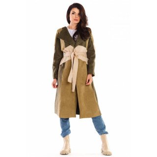 Kaki dolg ženski plašč s pasom iz semiša