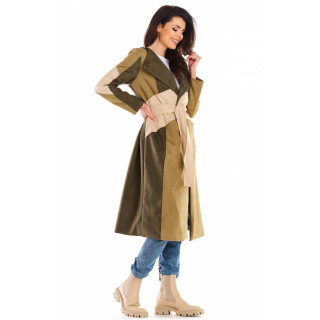 Kaki dolg ženski plašč s pasom iz semiša