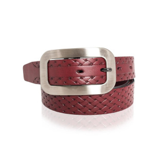 Ženski usnjen pleten pas v bordo barvi