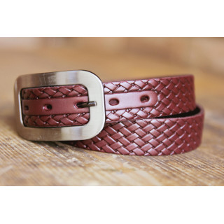 Ženski usnjen pleten pas v bordo barvi