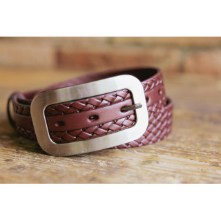 Ženski usnjen pleten pas v bordo barvi