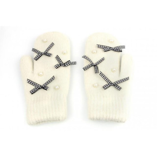 Zimske ženske rokavice s pentljami krem barve