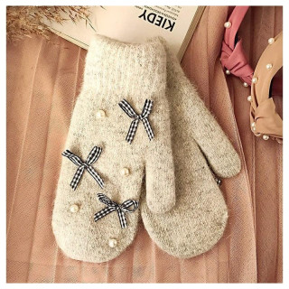 Ženske zimske rokavice s pentljami in perlami v sivi barvi