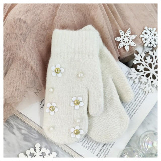 Ženske zimske rokavice z rožicami in perlami v bež barvi