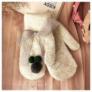 Ženske zimske rokavice s čopki in pentljo v sivi barvi