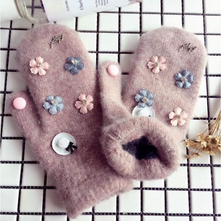 Rjave zimske rokavice z rožicami za ženske