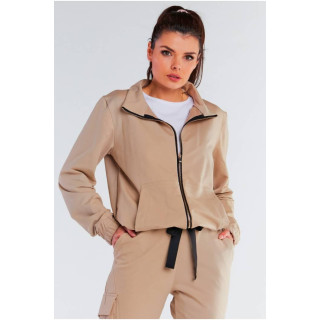 Ženski ohlapen pulover z zadrgo v bež barvi