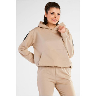 Bež ohlapen ženski pulover s kapuco