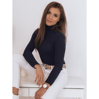 Ženska rebrasta majica z ovratnikom v temno modri barvi