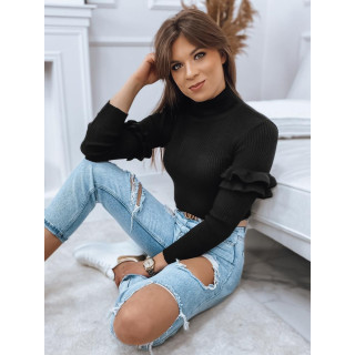 Ženski črn rebrast pulover z volančki na rokavih