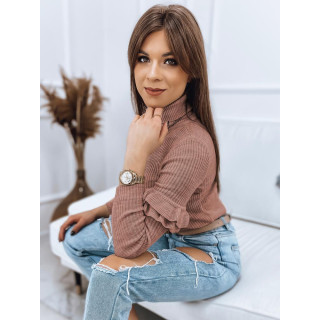 Ženski roza rebrast pulover z volančki na rokavih