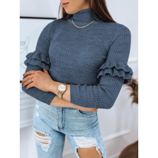 Ženski rebrasti puloverji z volančki na rokavih v modri barvi