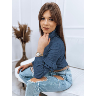 Ženski rebrasti puloverji z volančki na rokavih v modri barvi