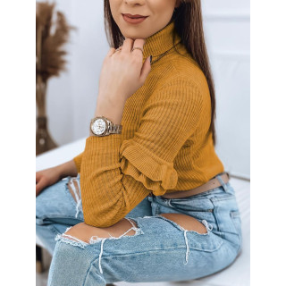 Ženski rebrasti pulover v barvi gorčice z volančki na rokavih