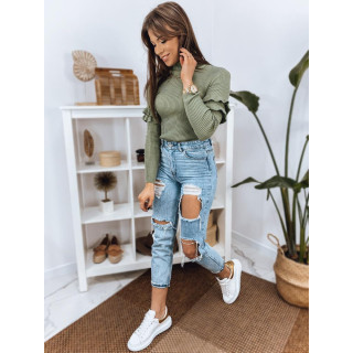 Svetlo zelen rebrast ženski pulover z volančki na rokavih