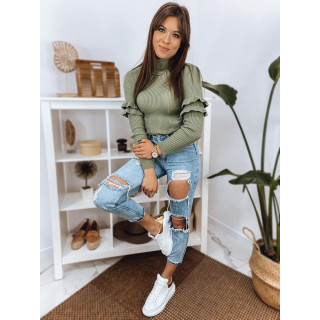 Svetlo zelen rebrast ženski pulover z volančki na rokavih