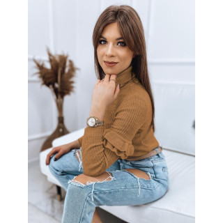 Ženski rebrast pulover z volančki na rokavih v rjavi barvi