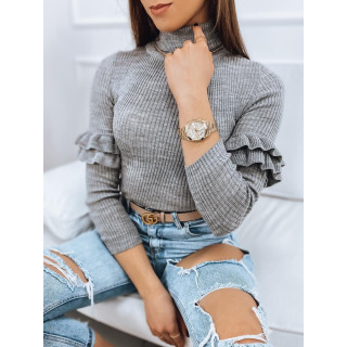 Svetlo siv rebrast ženski pulover z volančki na rokavih
