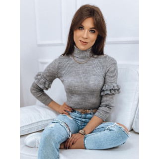 Svetlo siv rebrast ženski pulover z volančki na rokavih