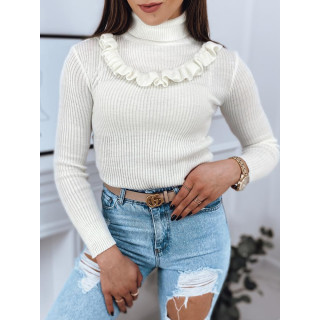 Ženski rebrast pulover z okrasnim volančkom v beli barvi