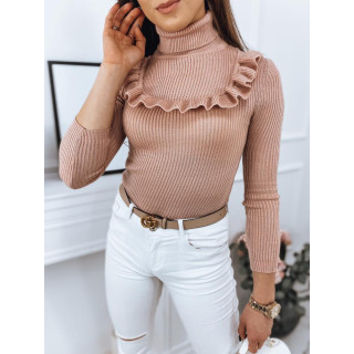 Svetlo roza ženski rebrasti pulover z okrasnim volančkom