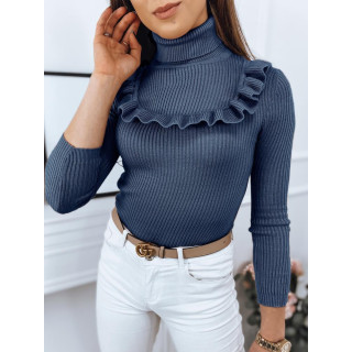 Ženski rebrasti puloverji z okrasnim volančkom v modri barvi