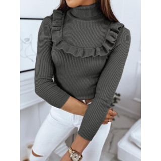 Ženski temno siv rebrast pulover z okrasnim volančkom
