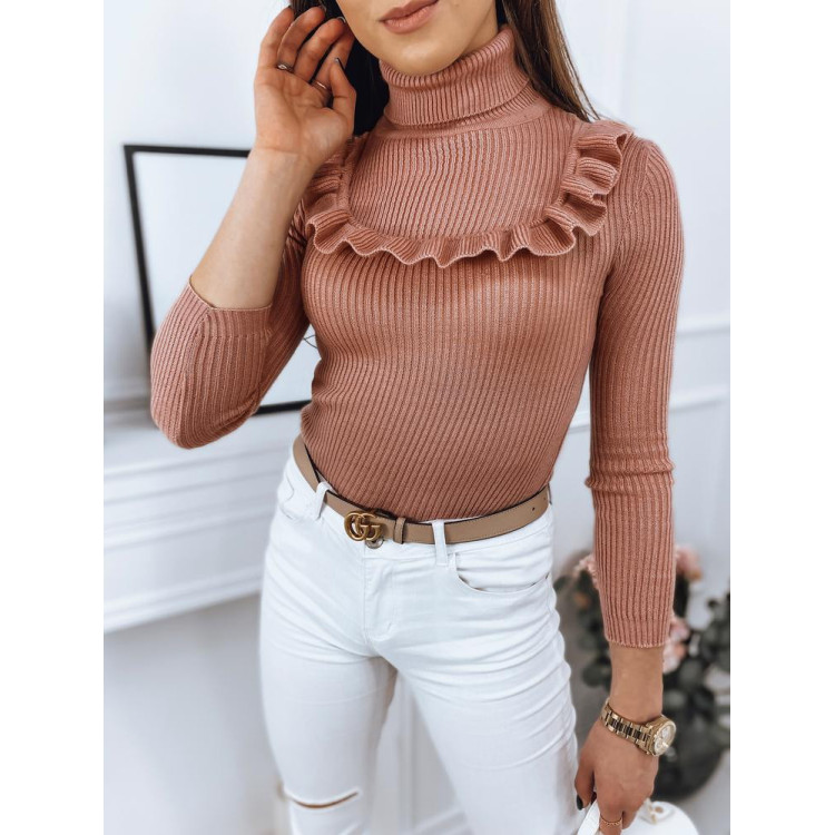 Rožnat rebrast pulover z okrasnim volančkom za ženske