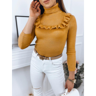 Rumen rebrast pulover z okrasnim volančkom za ženske