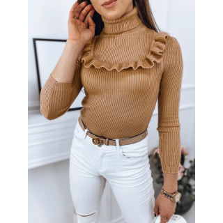 Ženski rebrasti puloverji z okrasnim volančkom v rjavi barvi