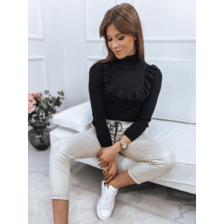 Črn rebrast pulover z okrasnim volančkom za ženske