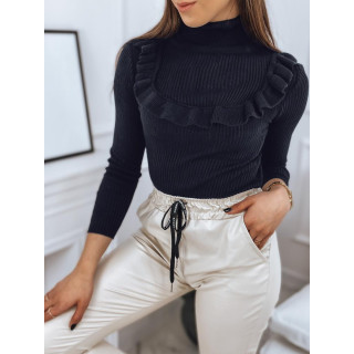 Rebrast ženski temno moder pulover z okrasnim volančkom