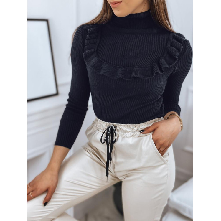 Rebrast ženski temno moder pulover z okrasnim volančkom