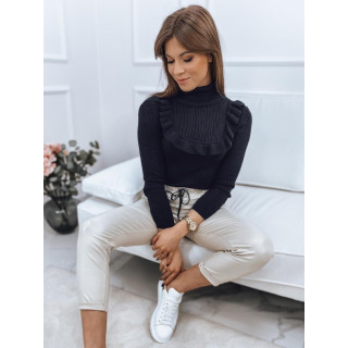 Rebrast ženski temno moder pulover z okrasnim volančkom