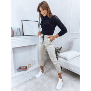 Rebrast ženski temno moder pulover z okrasnim volančkom