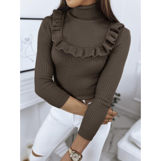 Ženski rebrast pulover z okrasnim volančkom v temno rjavi barvi